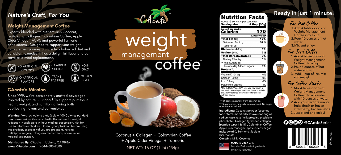 Coconut & Collagen Infused Weight Management Coffee: Rich Colombian Blend with ACV & Turmeric Antioxidants - Ideal Meal Replacement Brew